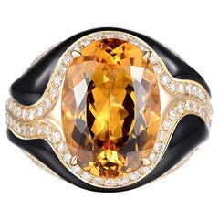 Citrine Diamond Enamel Cocktail Ring in 14 Karat Yellow Gold