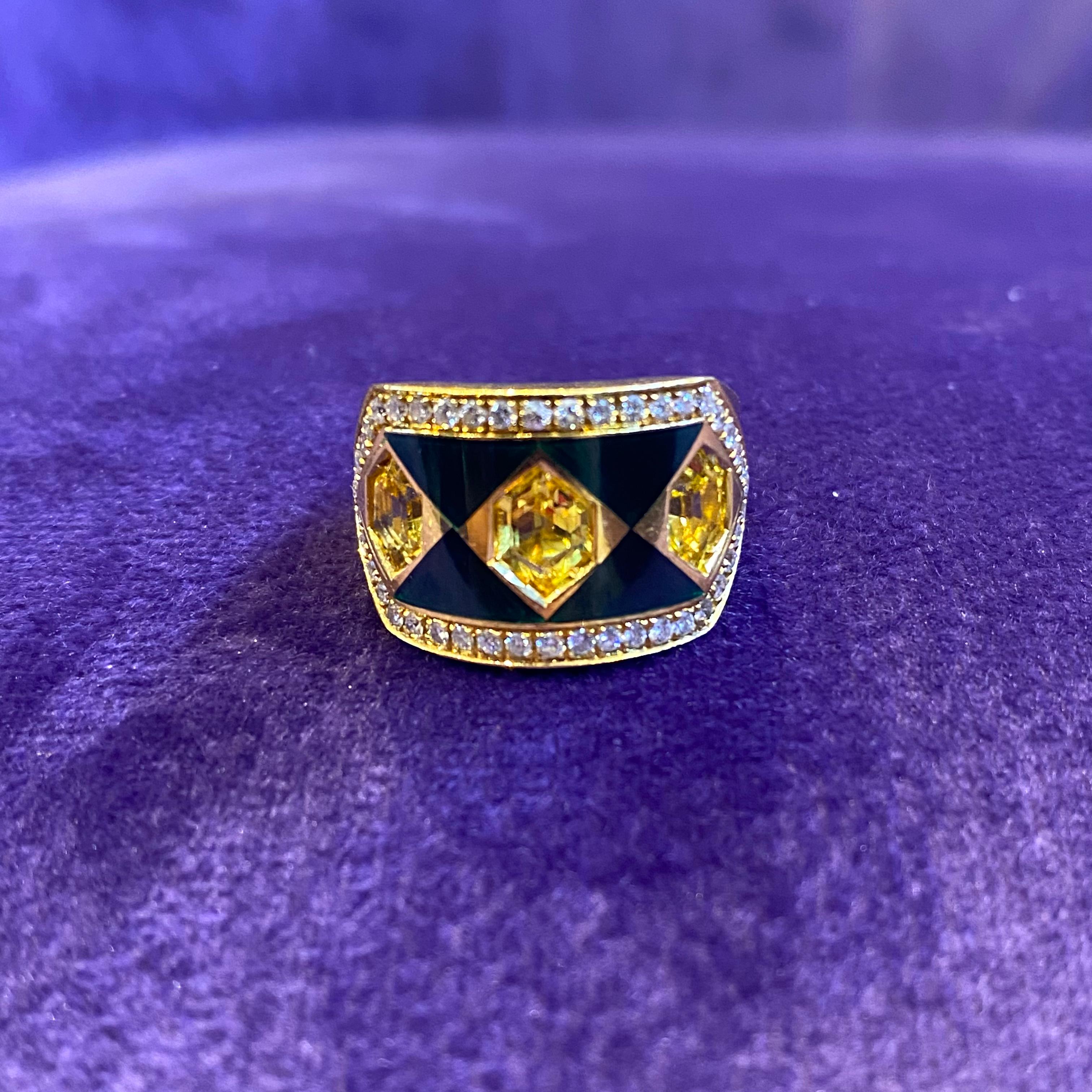 Octagon Cut Citrine & Diamond Enamel Ring  For Sale