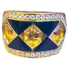 Vintage Citrine & Diamond Enamel Ring 