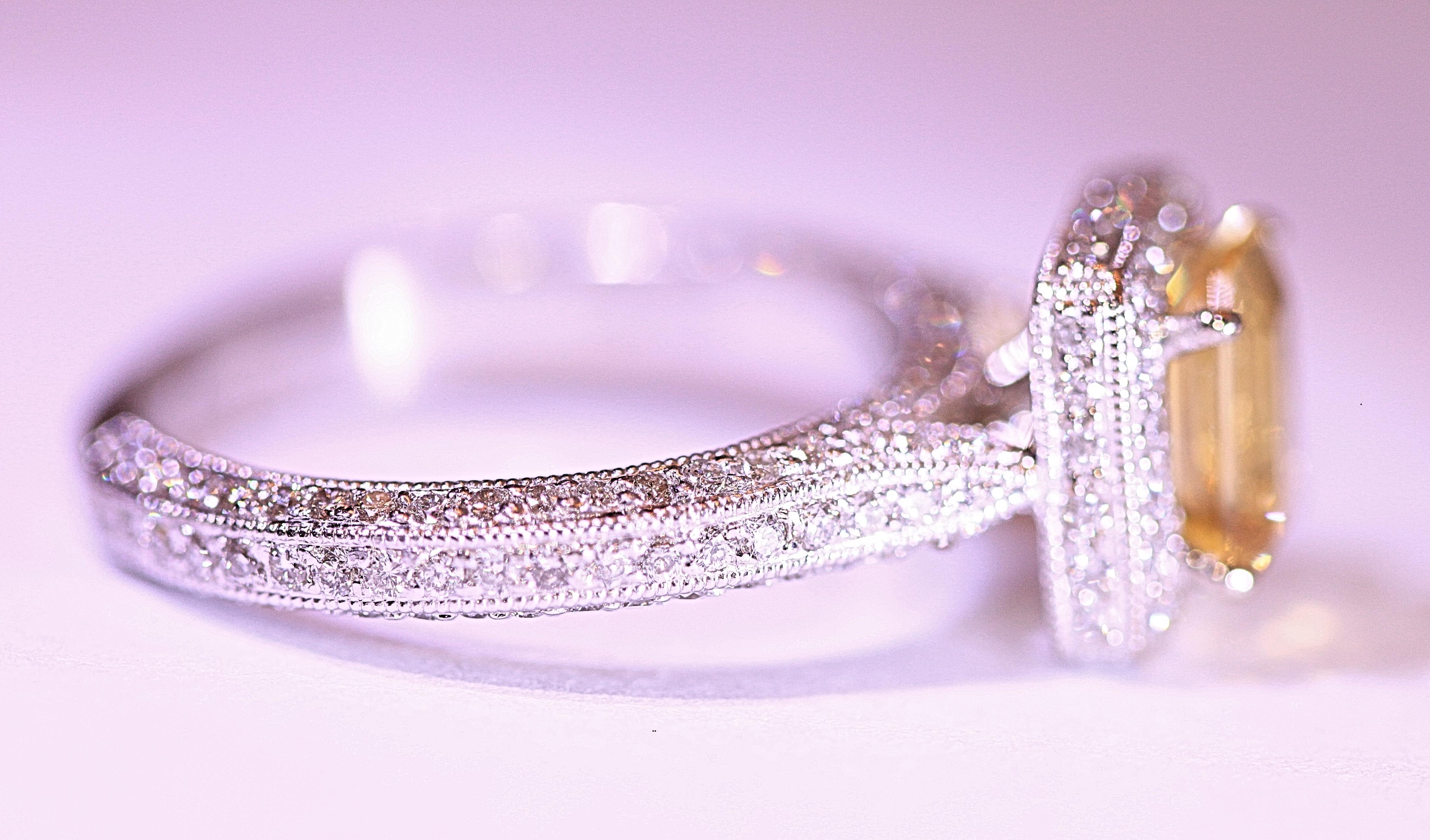 Emerald Cut Citrine Diamond Engagement Ring Fashion Ring 18 Karat White Gold For Sale