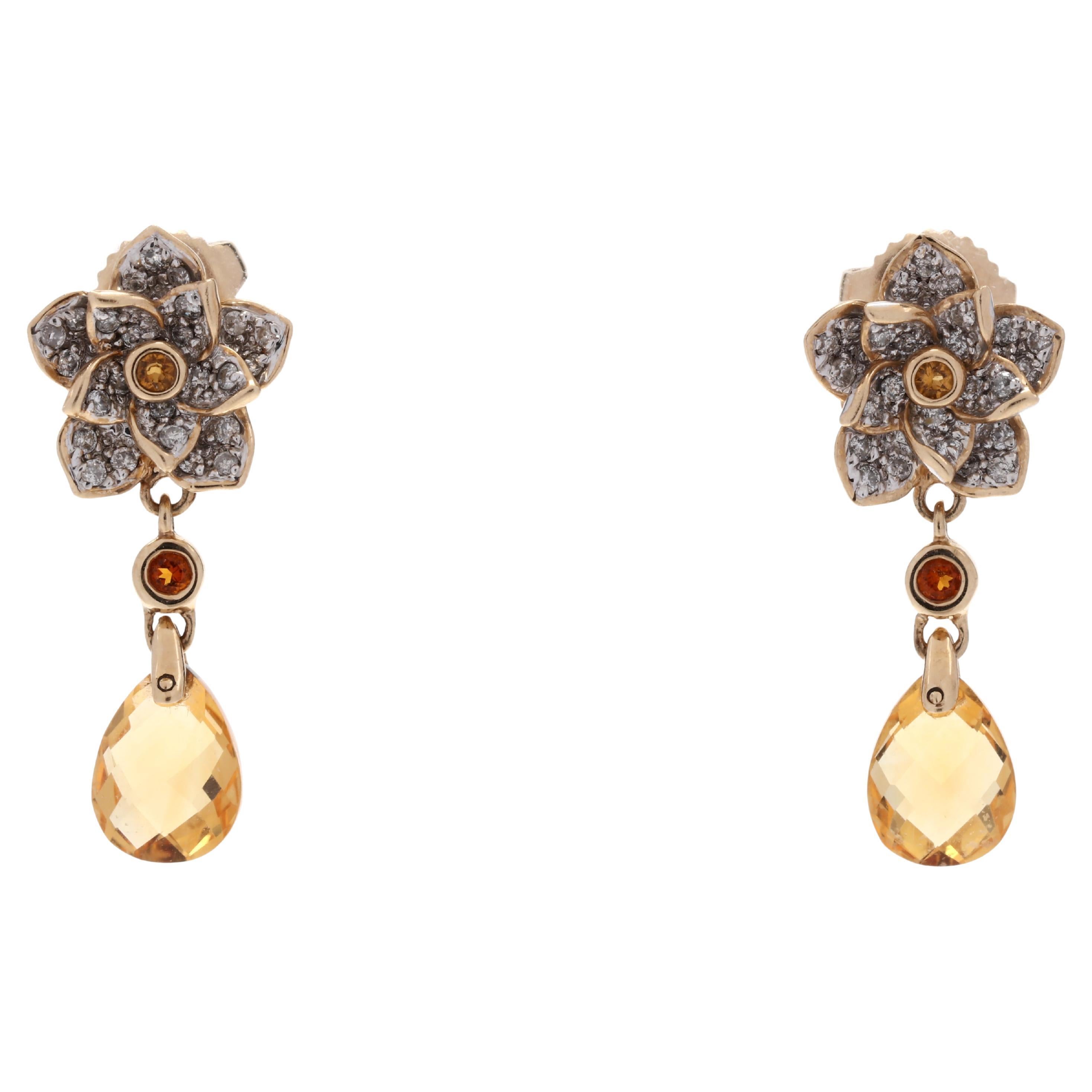 Citrine Diamond Flower Dangle Earrings, 14K Yellow Gold, Length 7/8 Inch