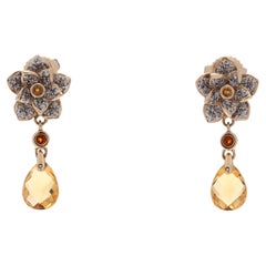 Citrine Diamond Flower Dangle Earrings, 14K Yellow Gold, Length 7/8 Inch