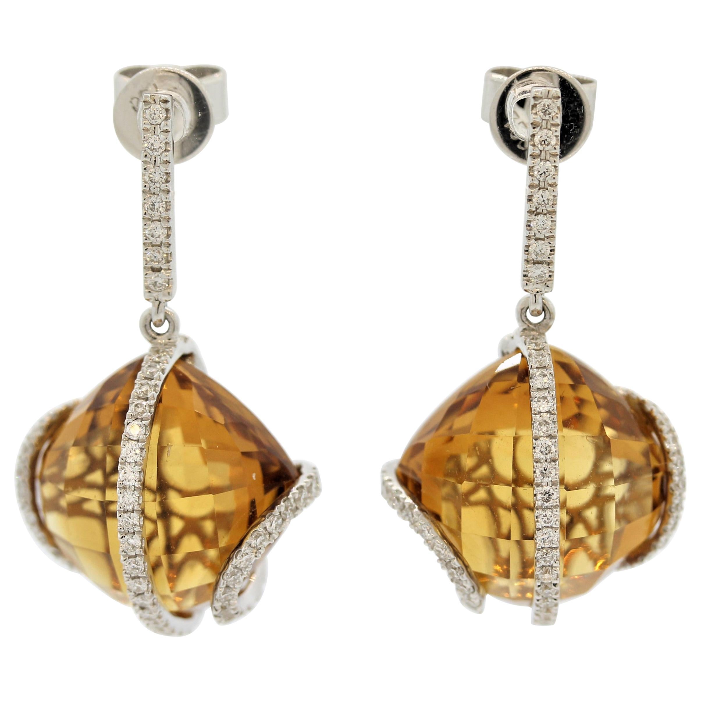 Citrine Diamond Gold Drop Earrings