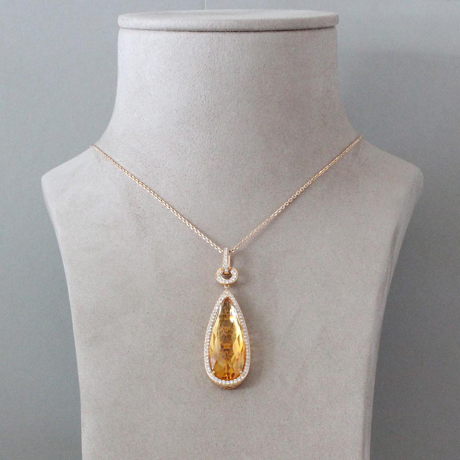 Pear Cut Citrine Diamond Gold Pendant Necklace