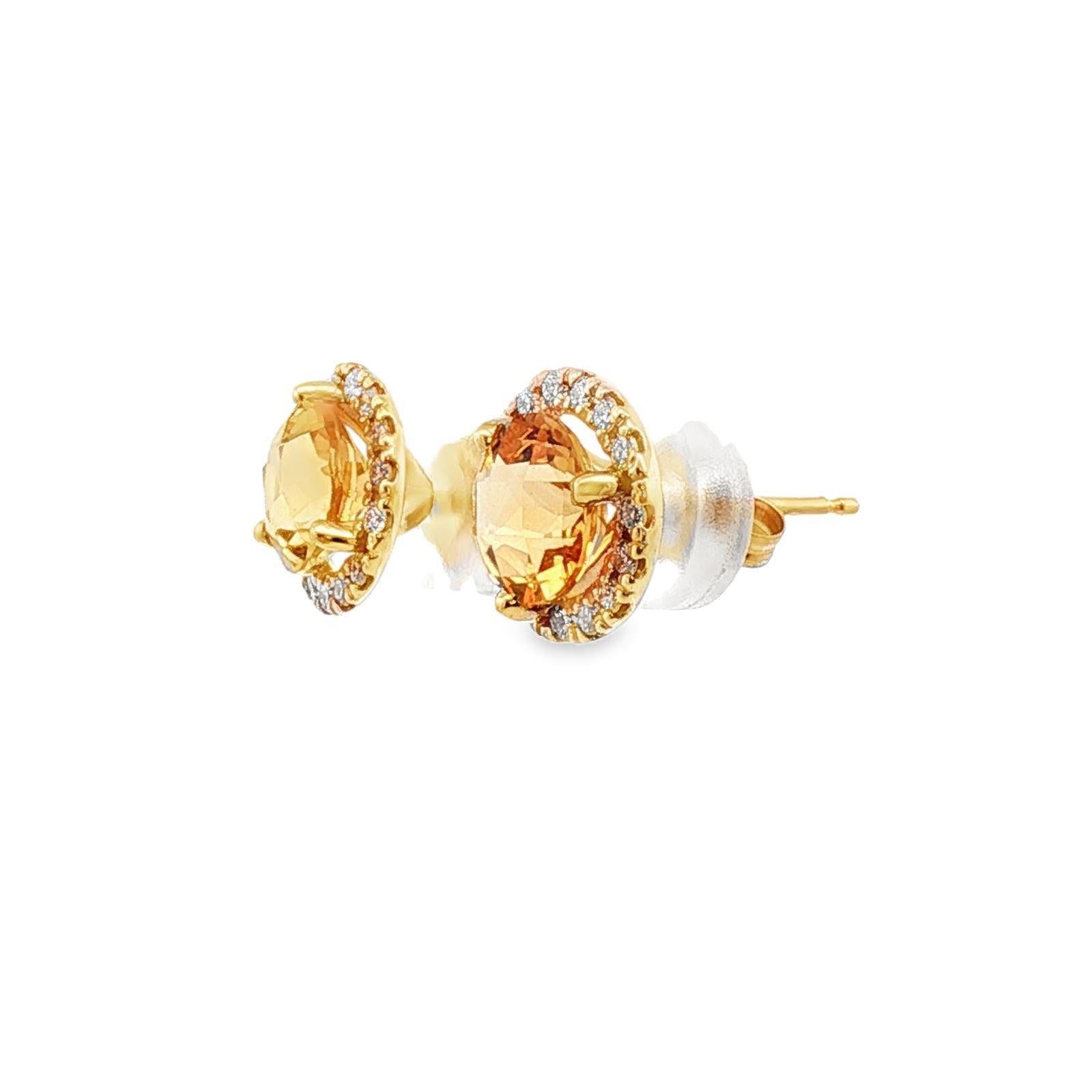 Taille ronde Boucles d'oreilles en or jaune 14 carats Citrine Diamant Halo en vente
