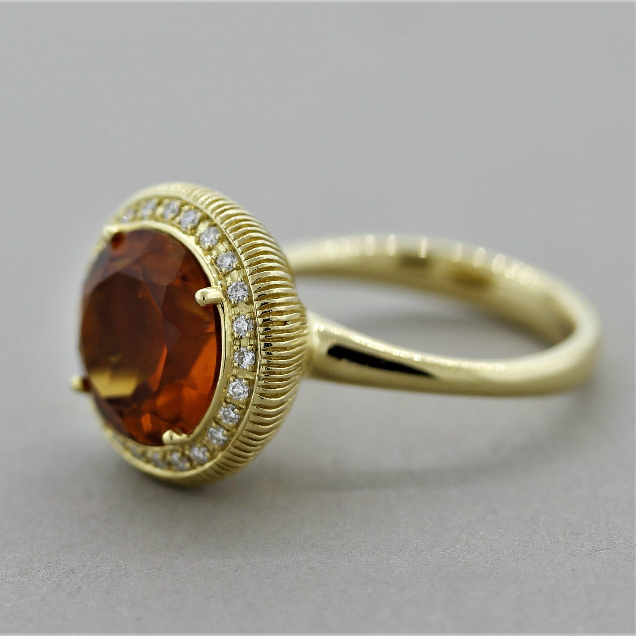 Round Cut Citrine Diamond Halo Gold Textured Ring For Sale