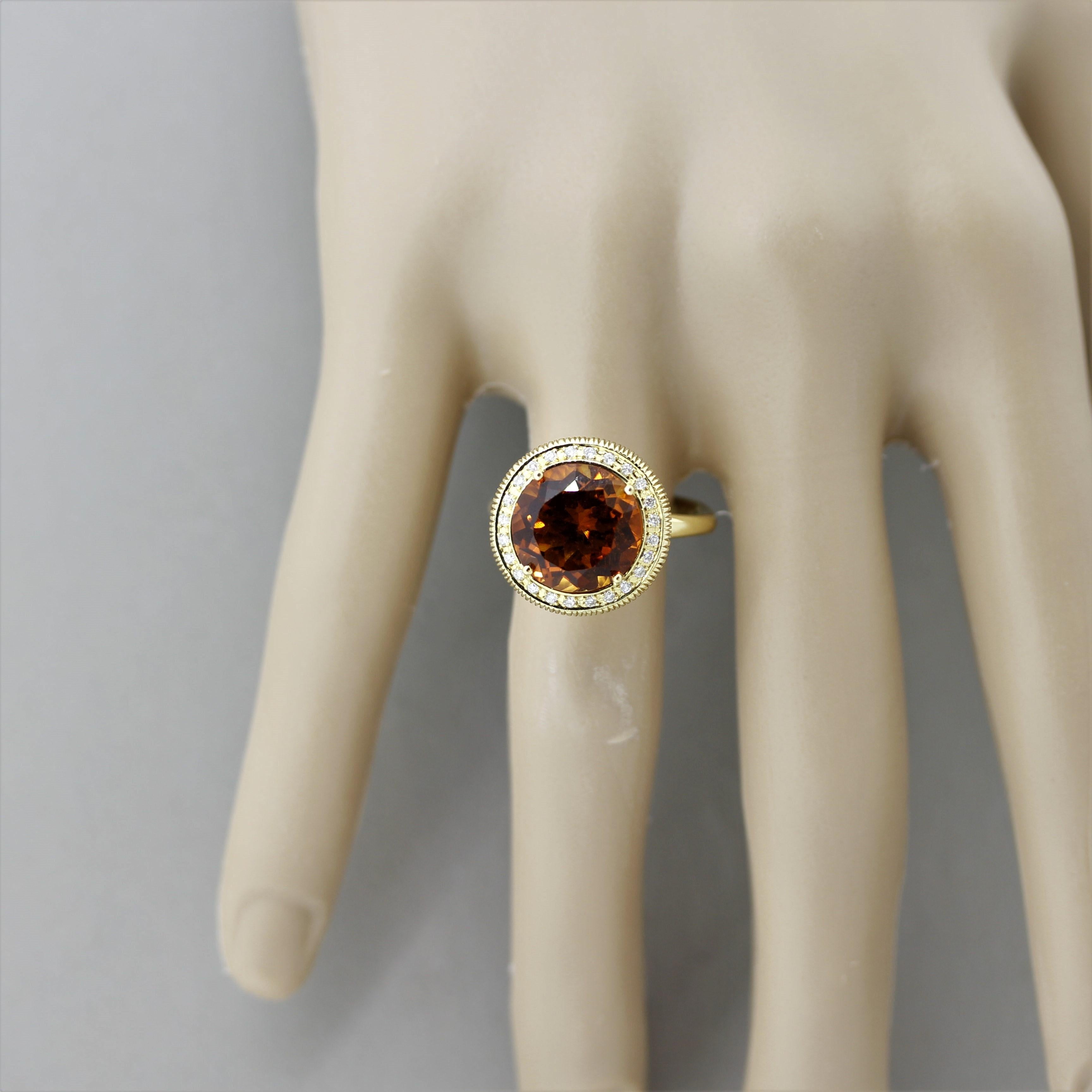 Citrine Diamond Halo Gold Textured Ring For Sale 1