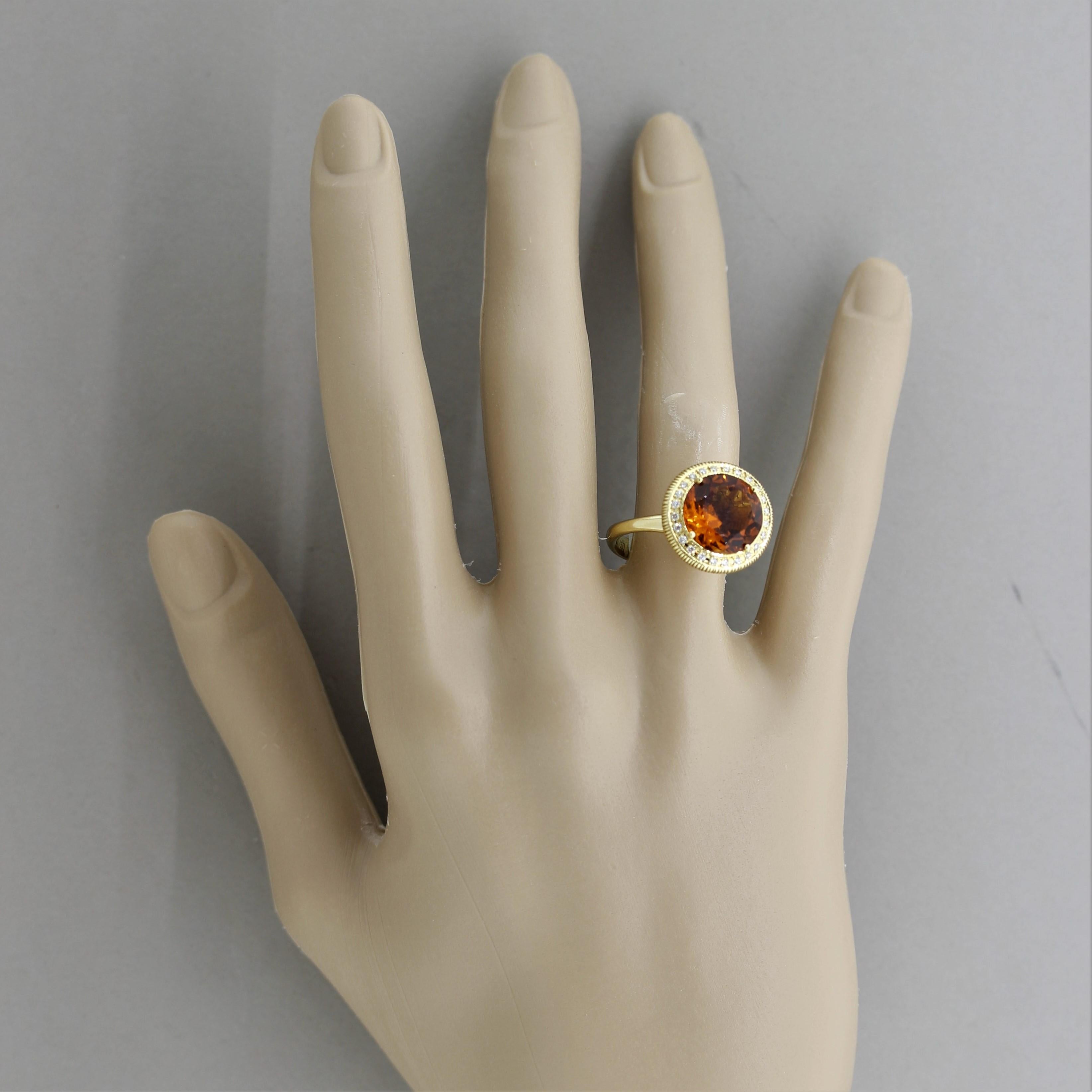 Citrine Diamond Halo Gold Textured Ring For Sale 2