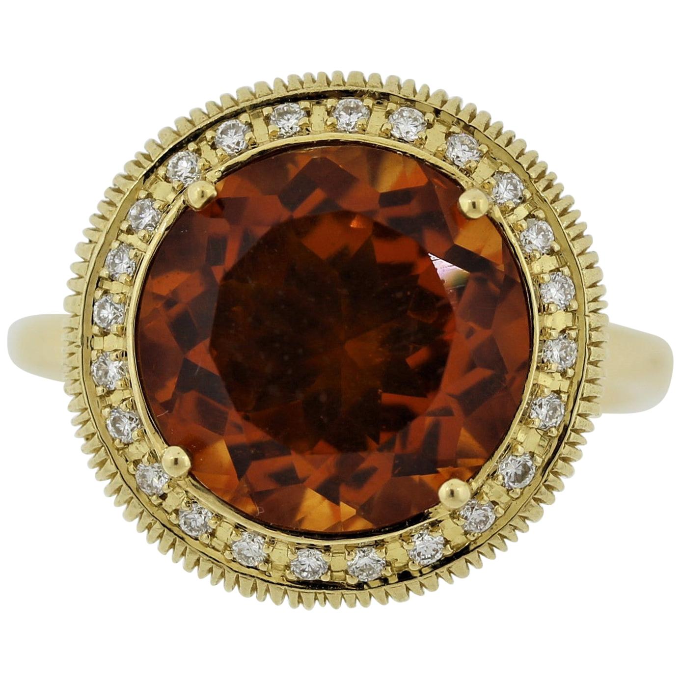 Citrine Diamond Halo Gold Textured Ring For Sale