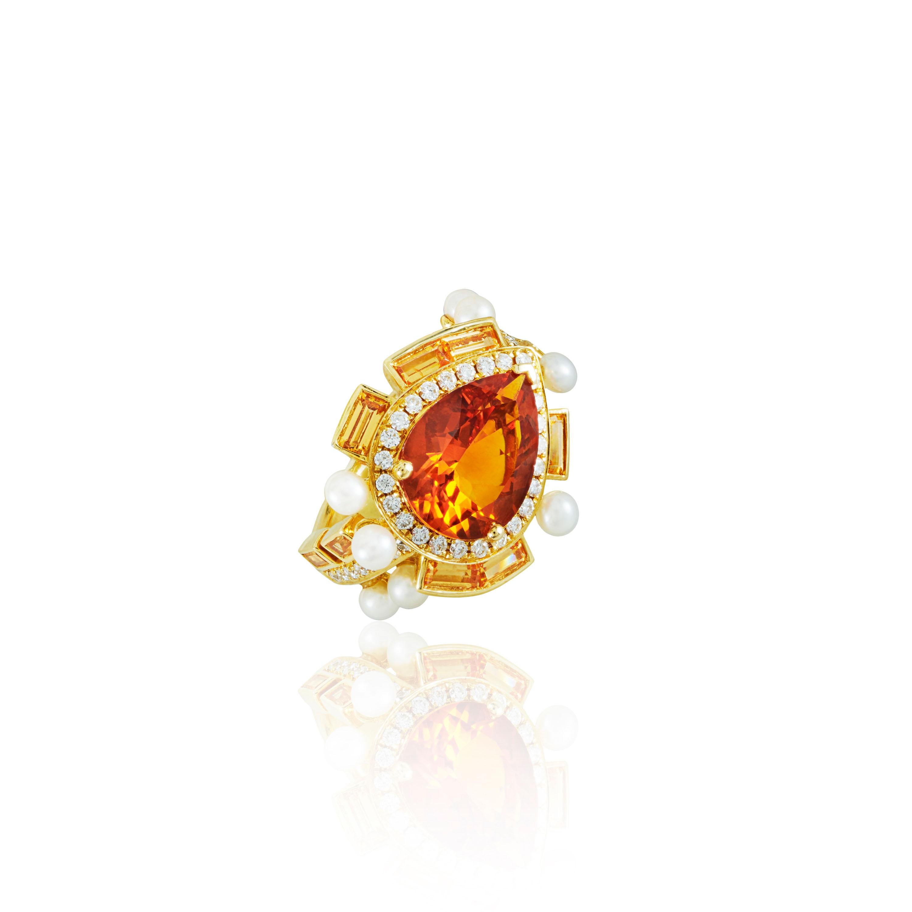 Citrine, Diamond, Pearl and Spessartite Gold Ring In New Condition For Sale In London, GB