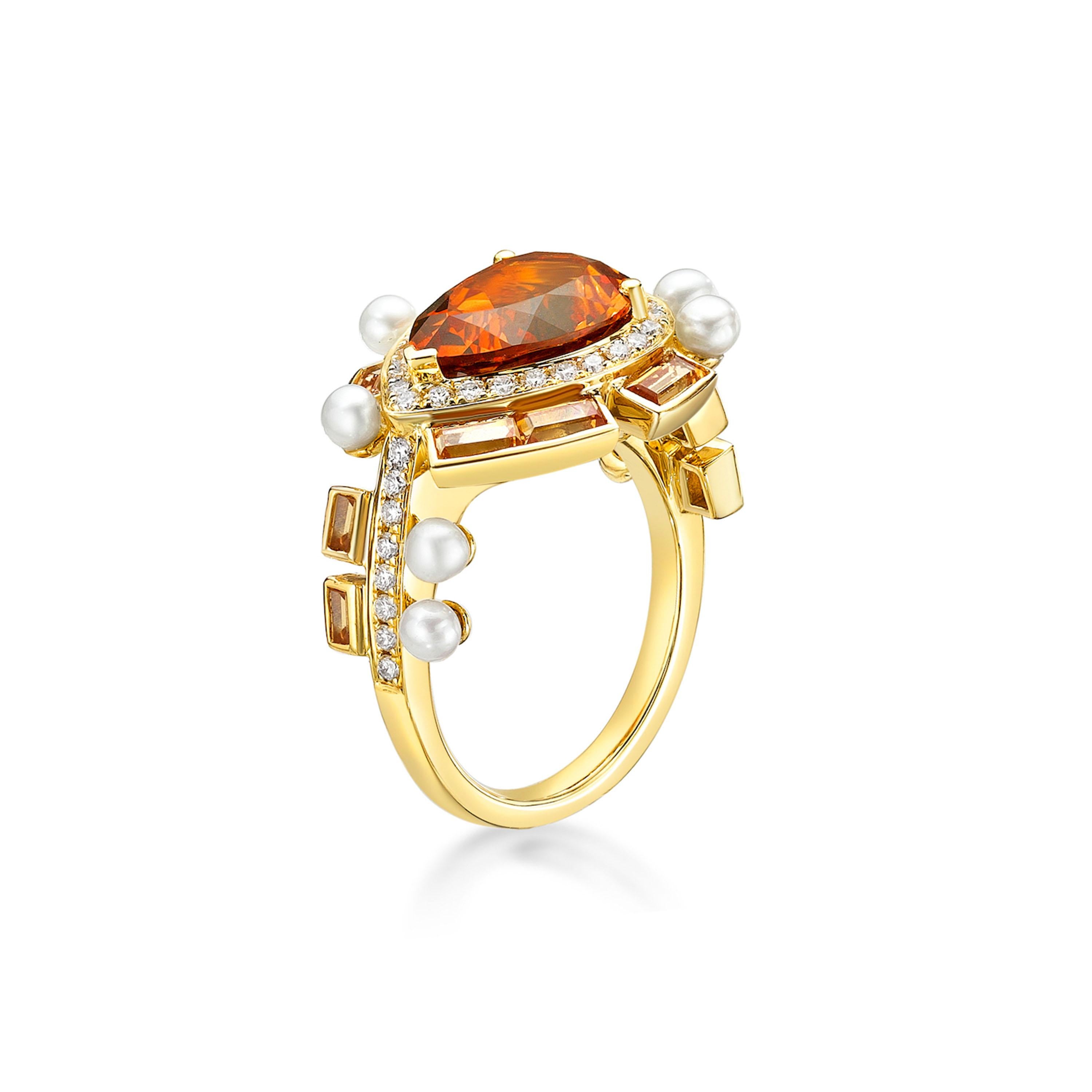 Women's or Men's Citrine, Diamond, Pearl and Spessartite Gold Ring For Sale