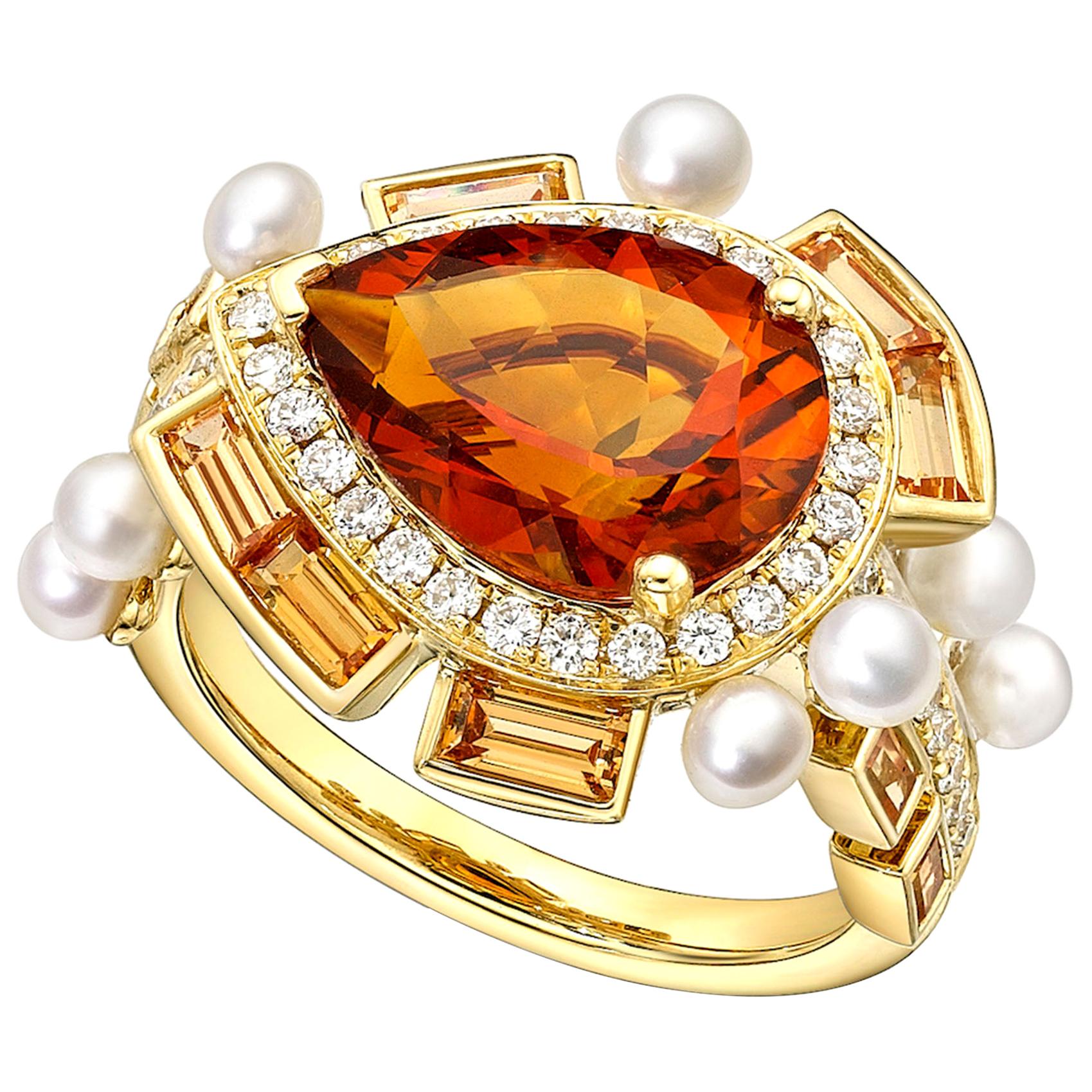 Citrine, Diamond, Pearl and Spessartite Gold Ring For Sale