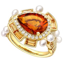 Citrine, Diamond, Pearl and Spessartite Gold Ring