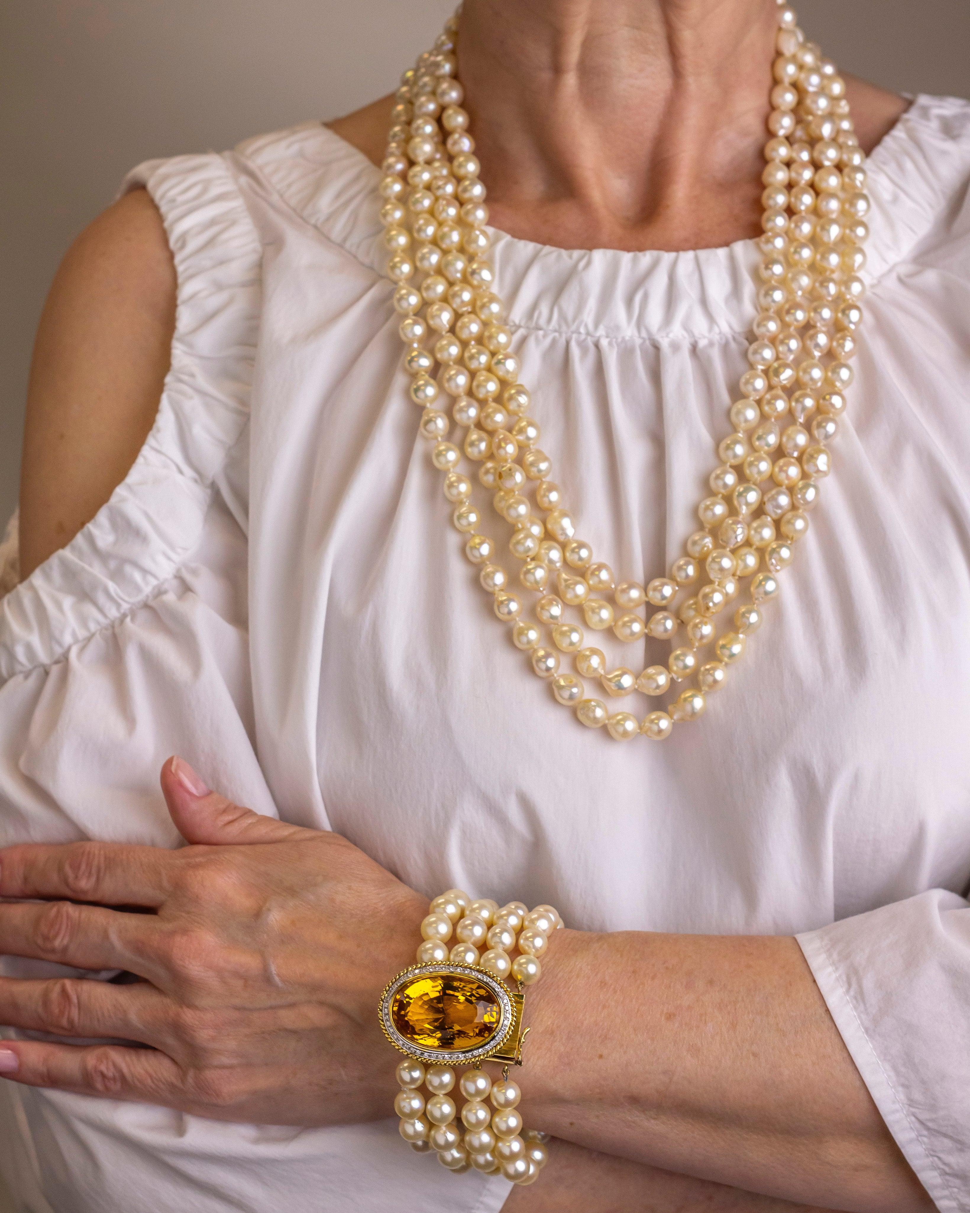 Retro Citrine, Diamond & Pearl Convertible Necklace Bracelet For Sale