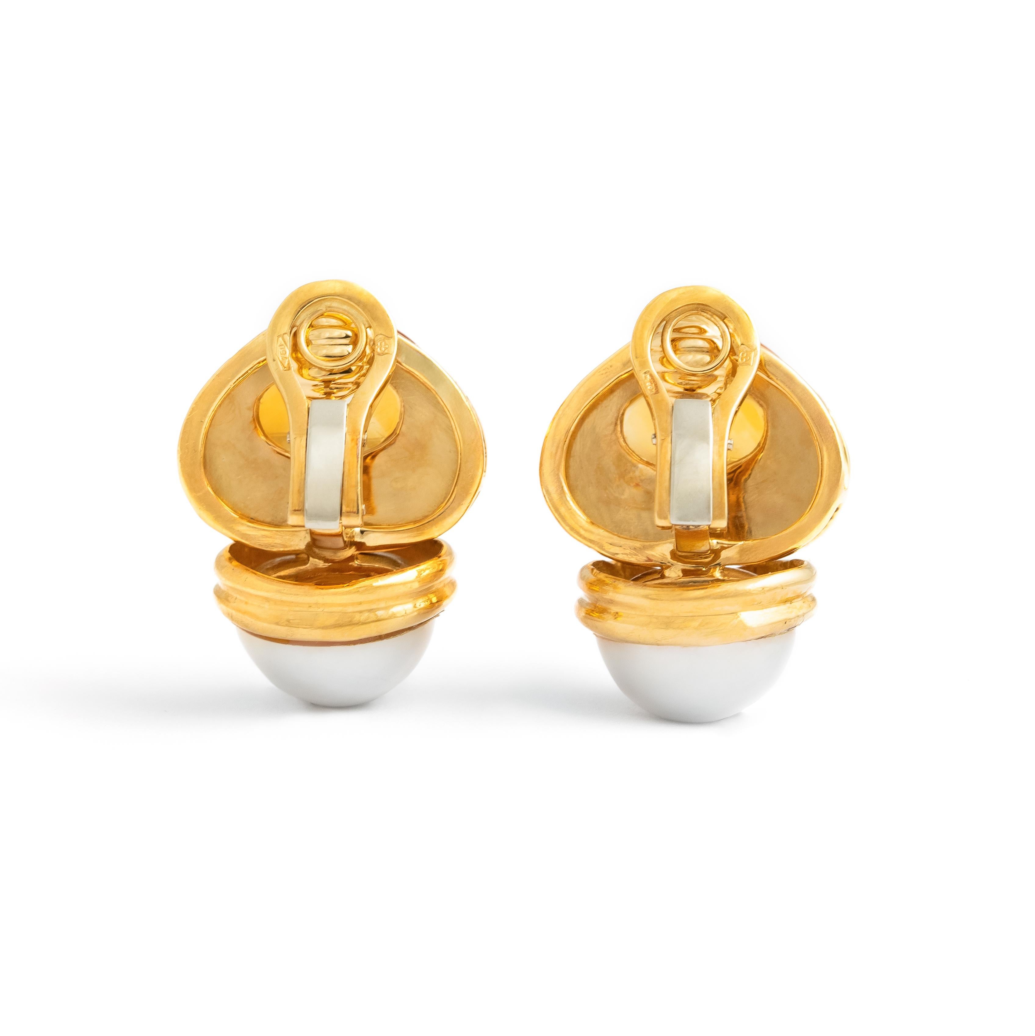 Cabochon Fermagli per orecchie in oro 18 carati con diamante citrino e perla in vendita