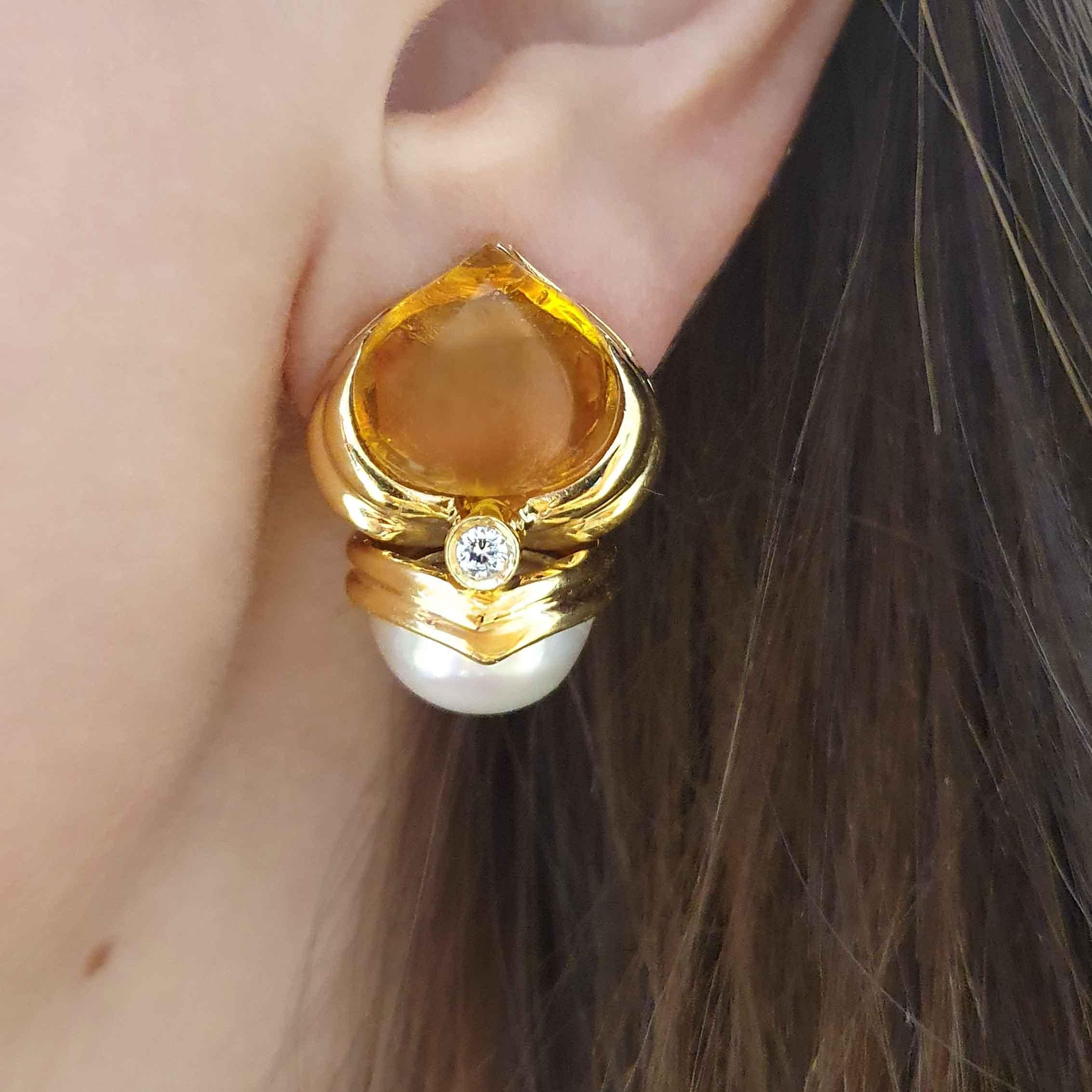 da uomo o donna Fermagli per orecchie in oro 18 carati con diamante citrino e perla in vendita
