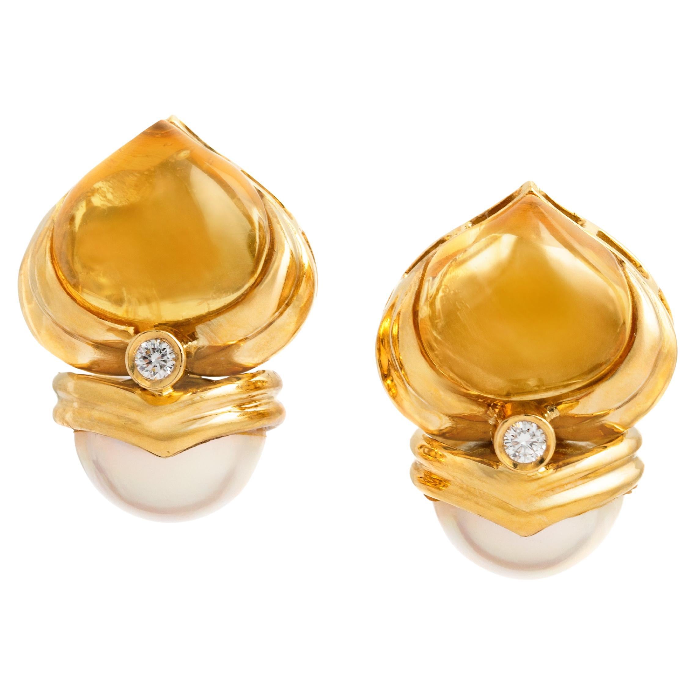 Citrine Diamond Pearl Gold 18K Earclips