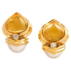 Citrine Diamond Pearl Gold 18K Earclips