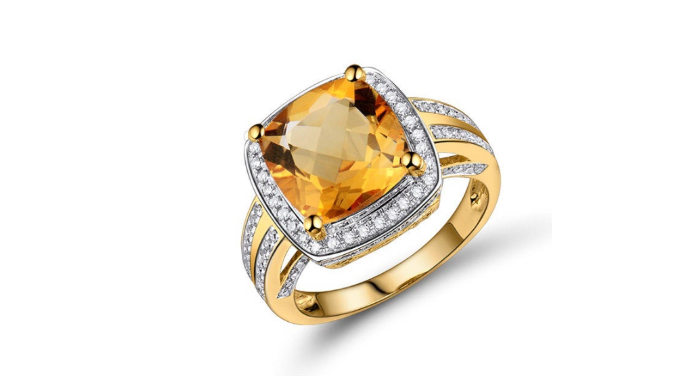 THIS REALLY IS A WOW FACTOR WHEN IT COMES TO CITRINE RINGS AND WITH DIAMONDS AROUND MAIN STONE AND DOWN EACH SIDE OF THE RING BAND. ALSO THE DIAMONDS ARE PLACES ON THE FRONT JUT UNDER THE MAIN STONE  FACING IF YOU LOOK CLOSER.  IF YOU DONT SEE YOUR