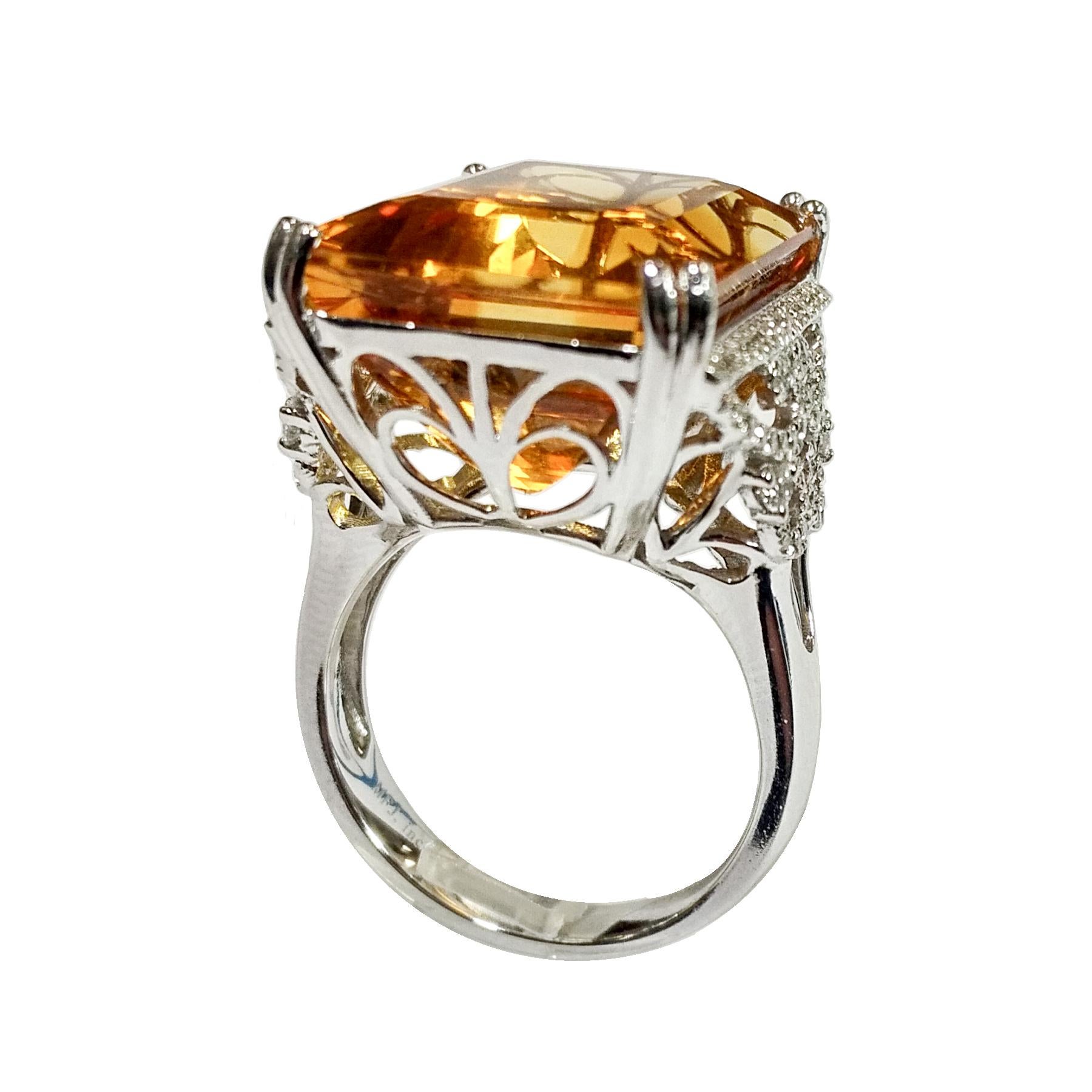 Emerald Cut Citrine 20.85 Carats White Gold Cocktail Ring