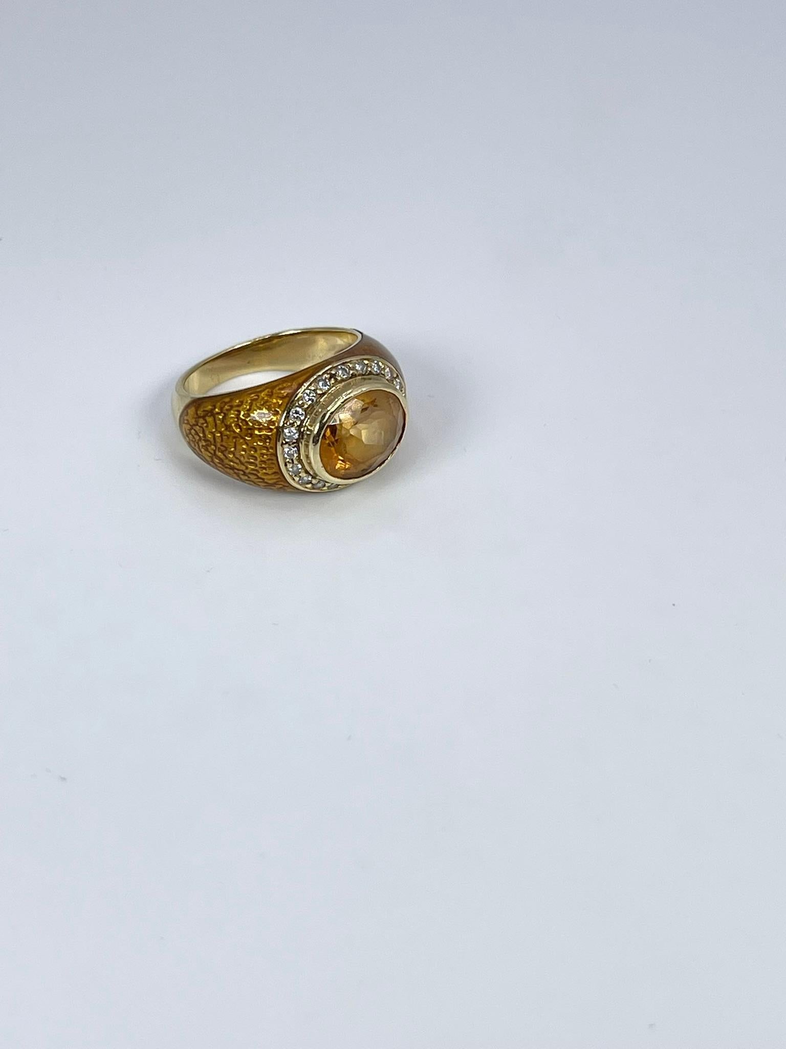 Modernist Citrine & Diamond Ring in 18KT Yellow Gold with Enamel Design For Sale