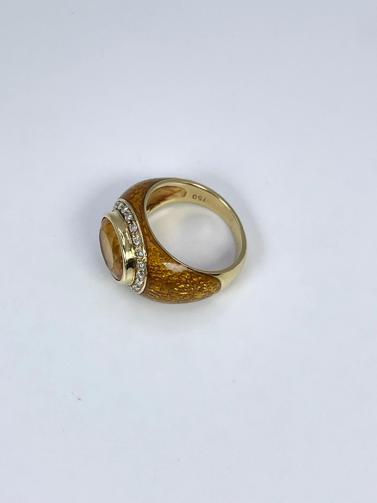 Citrine & Diamond Ring in 18KT Yellow Gold with Enamel Design In New Condition For Sale In Jupiter, FL