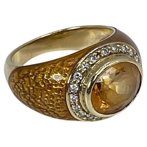 Citrine & Diamond Ring in 18KT Yellow Gold with Enamel Design