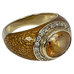 Citrine & Diamond Ring in 18KT Yellow Gold with Enamel Design