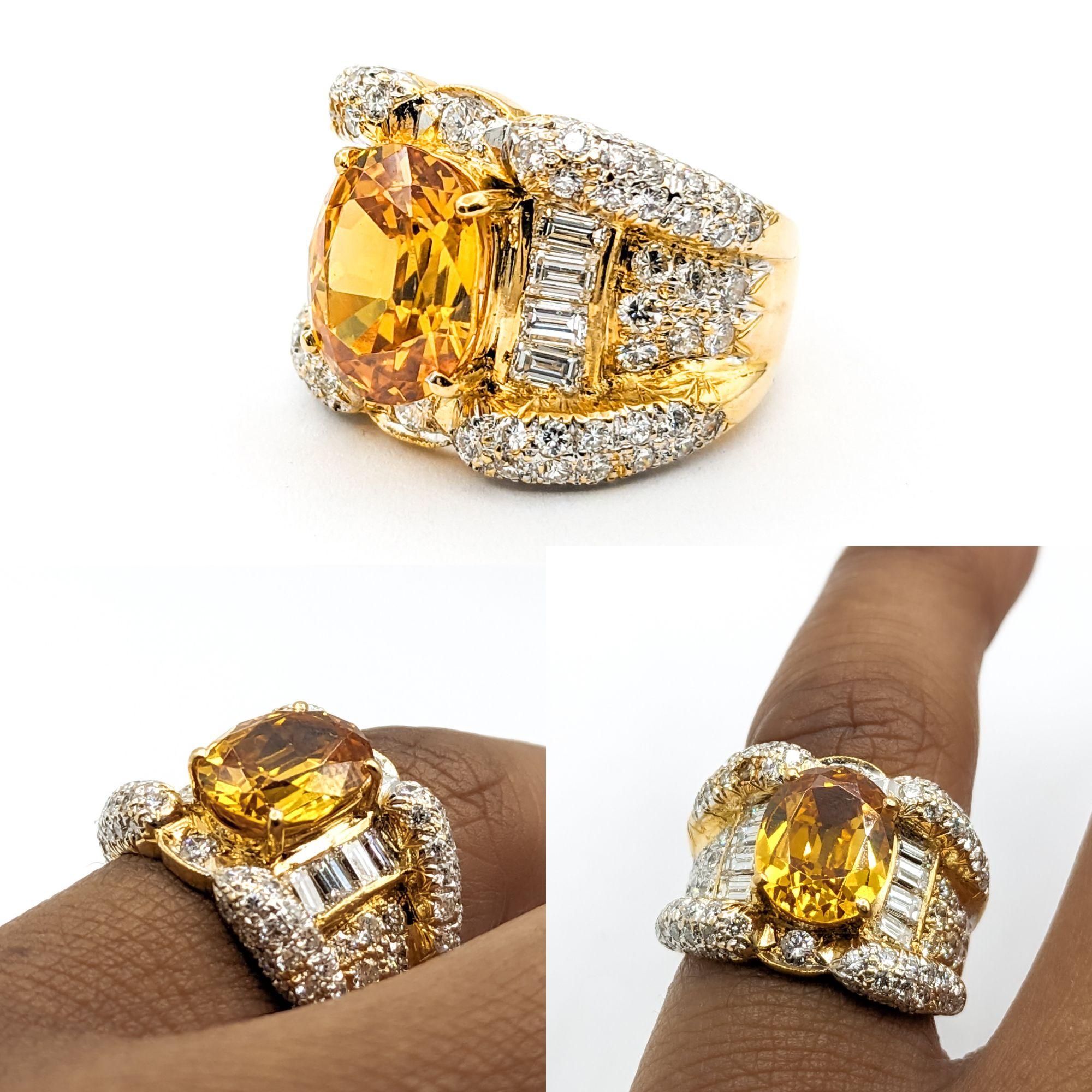 Citrine & Diamond Ring In Yellow Gold

This unique Citrine ring is expertly crafted in 18k yellow gold and showcases a captivating 9.8x7.8mm citrine with a saturated yellow hue. Further enhancing this gemstone are .70ctw of round and baguette