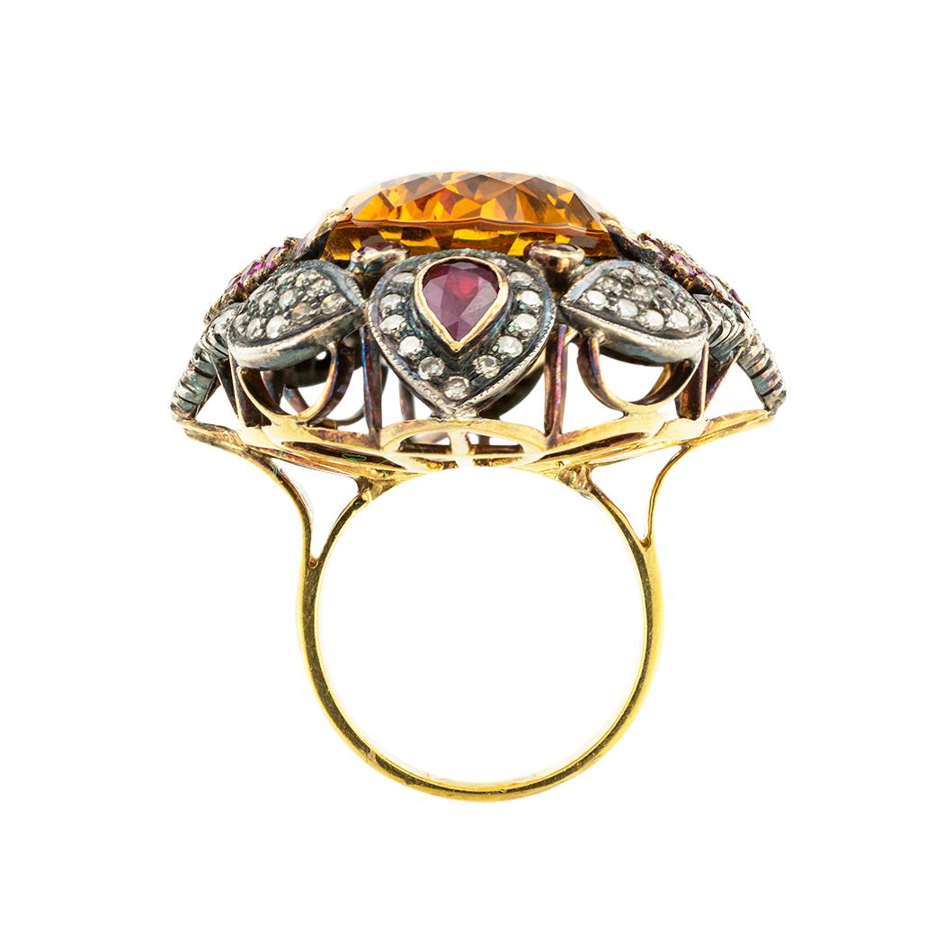 Contemporary Large Citrine Diamond Ruby Cocktail Ring For Sale