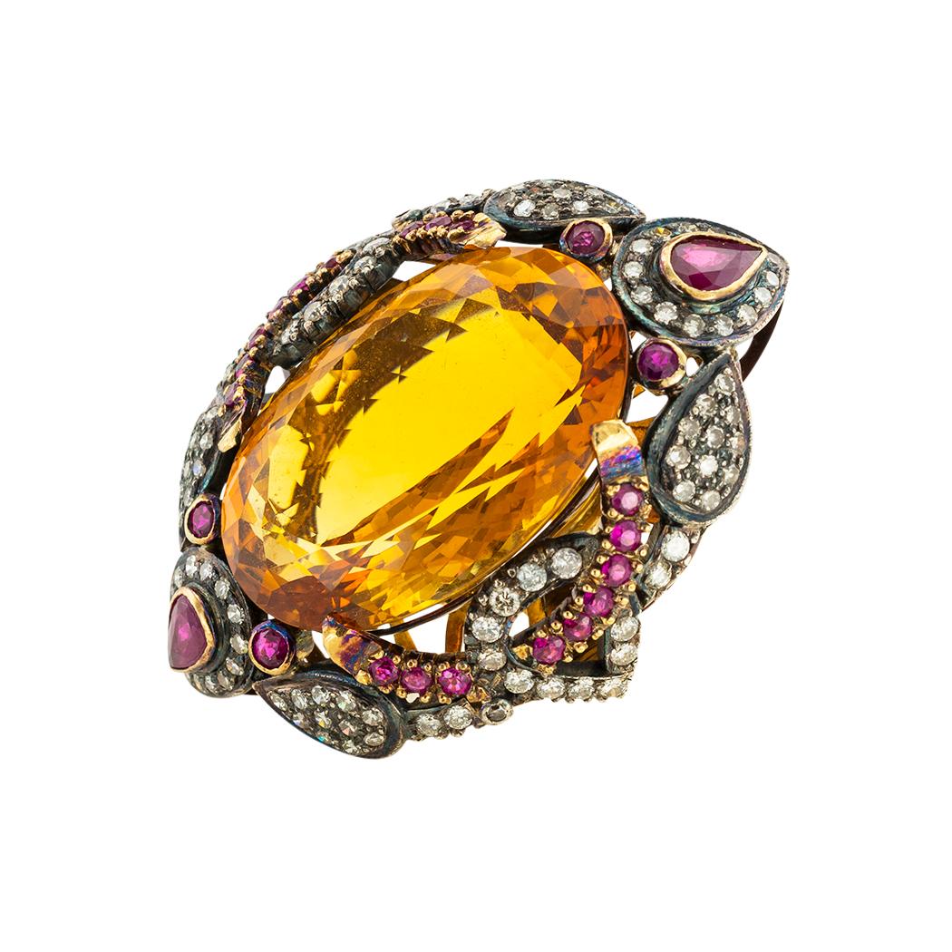 Mixed Cut Large Citrine Diamond Ruby Cocktail Ring For Sale