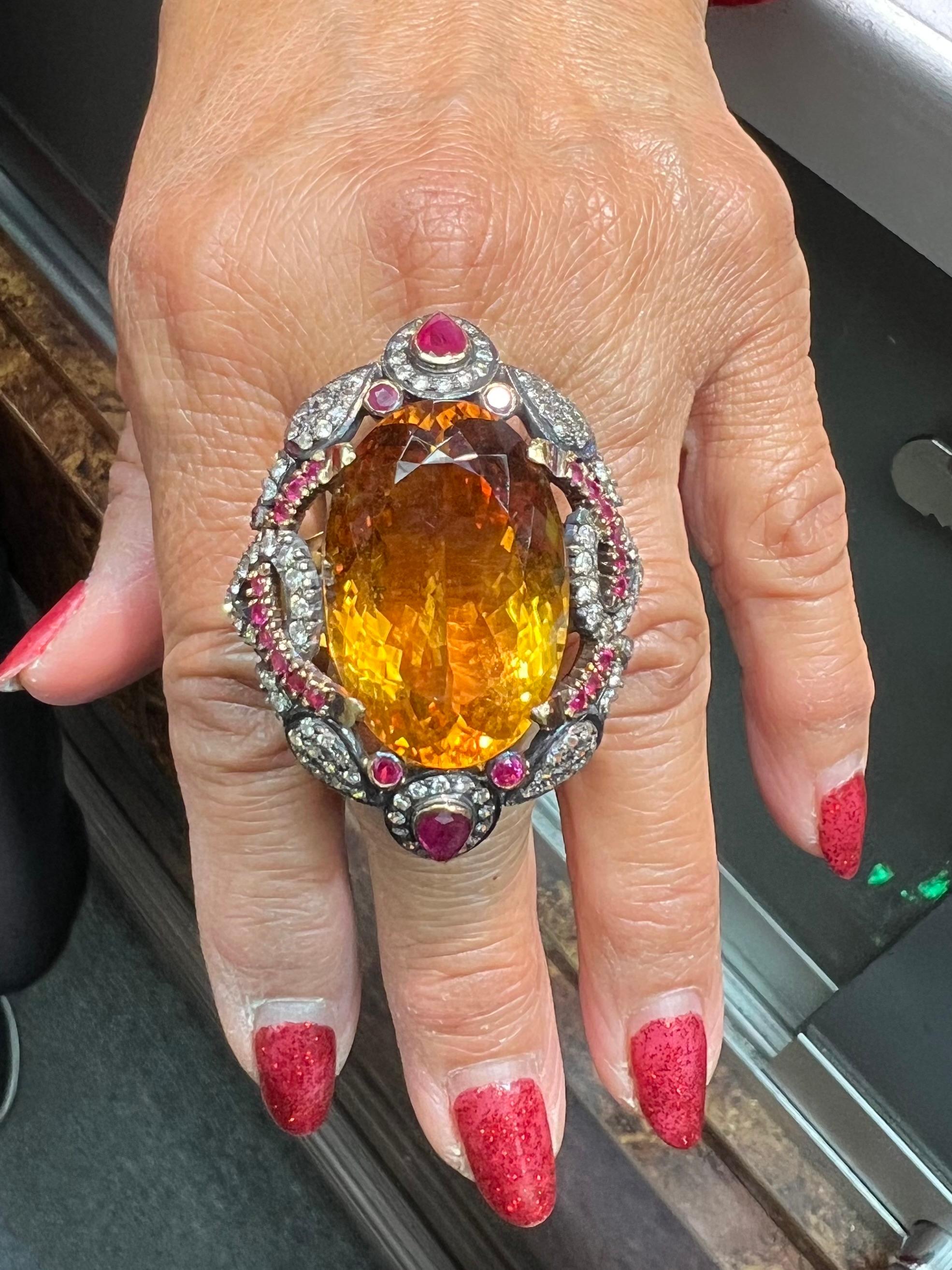 Large Citrine Diamond Ruby Cocktail Ring In Good Condition For Sale In Los Angeles, CA