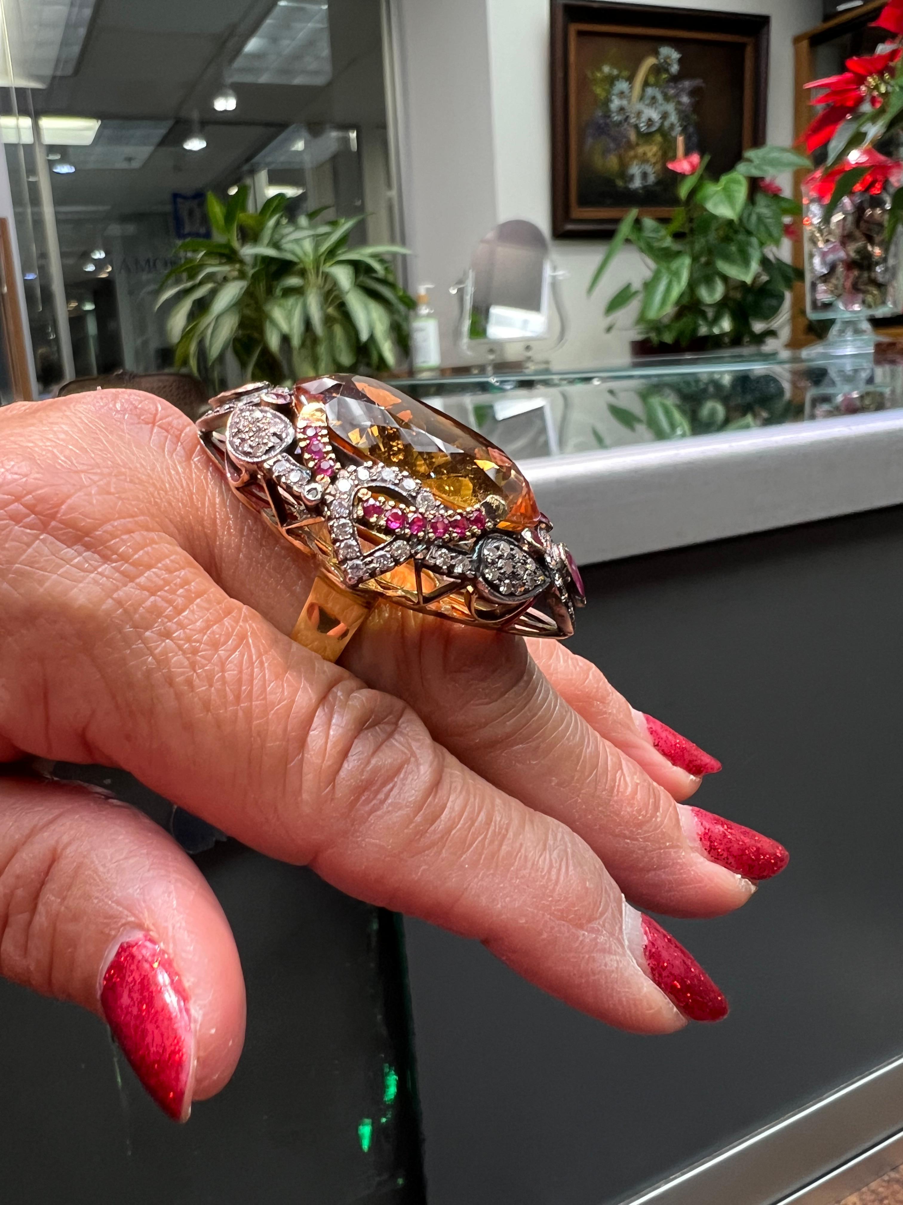Women's or Men's Large Citrine Diamond Ruby Cocktail Ring For Sale