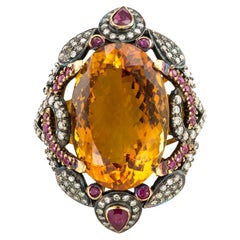 Bague cocktail avec grande citrine, diamant et rubis