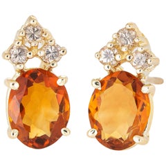 Citrine Diamond Small Stud Earrings Vintage 14 Karat Gold Estate Fine Jewelry