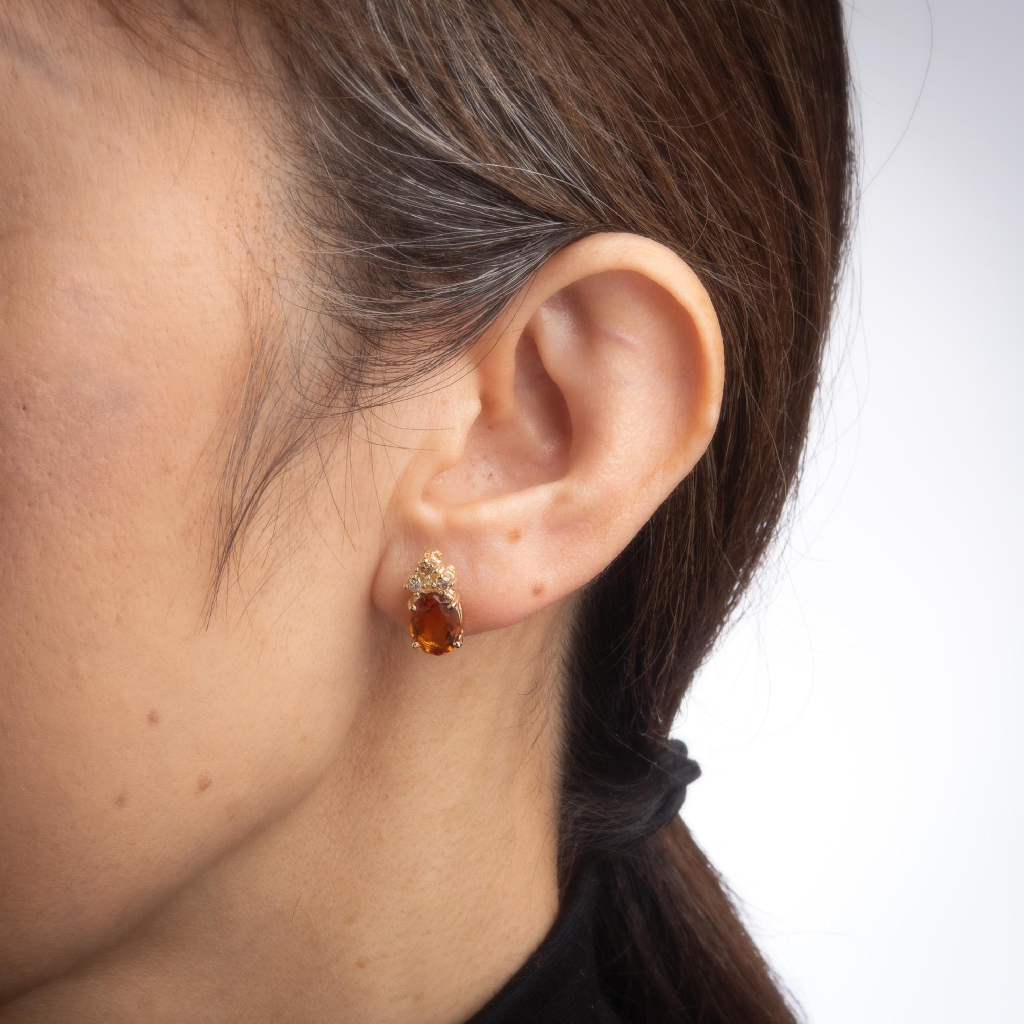 Modern Citrine Diamond Small Stud Earrings Vintage 14 Karat Gold Estate Fine Jewelry