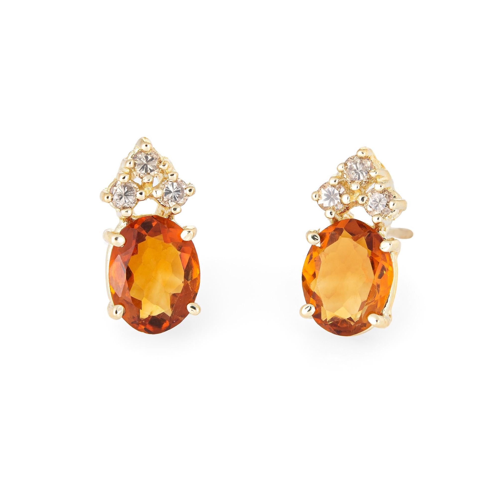 Oval Cut Citrine Diamond Small Stud Earrings Vintage 14 Karat Gold Estate Fine Jewelry
