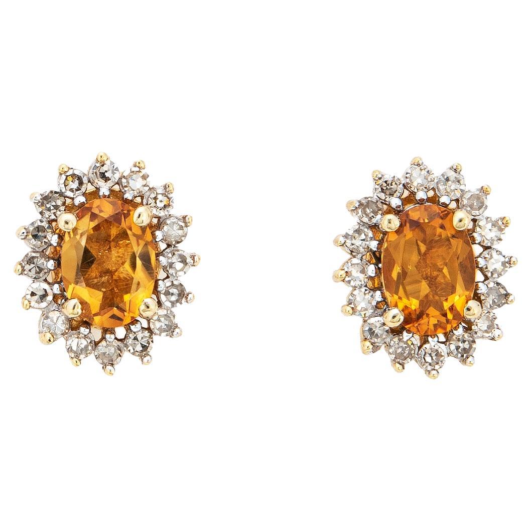 Citrine Diamond Stud Earrings Estate 14k Yellow Gold Oval Princess Jewelry For Sale