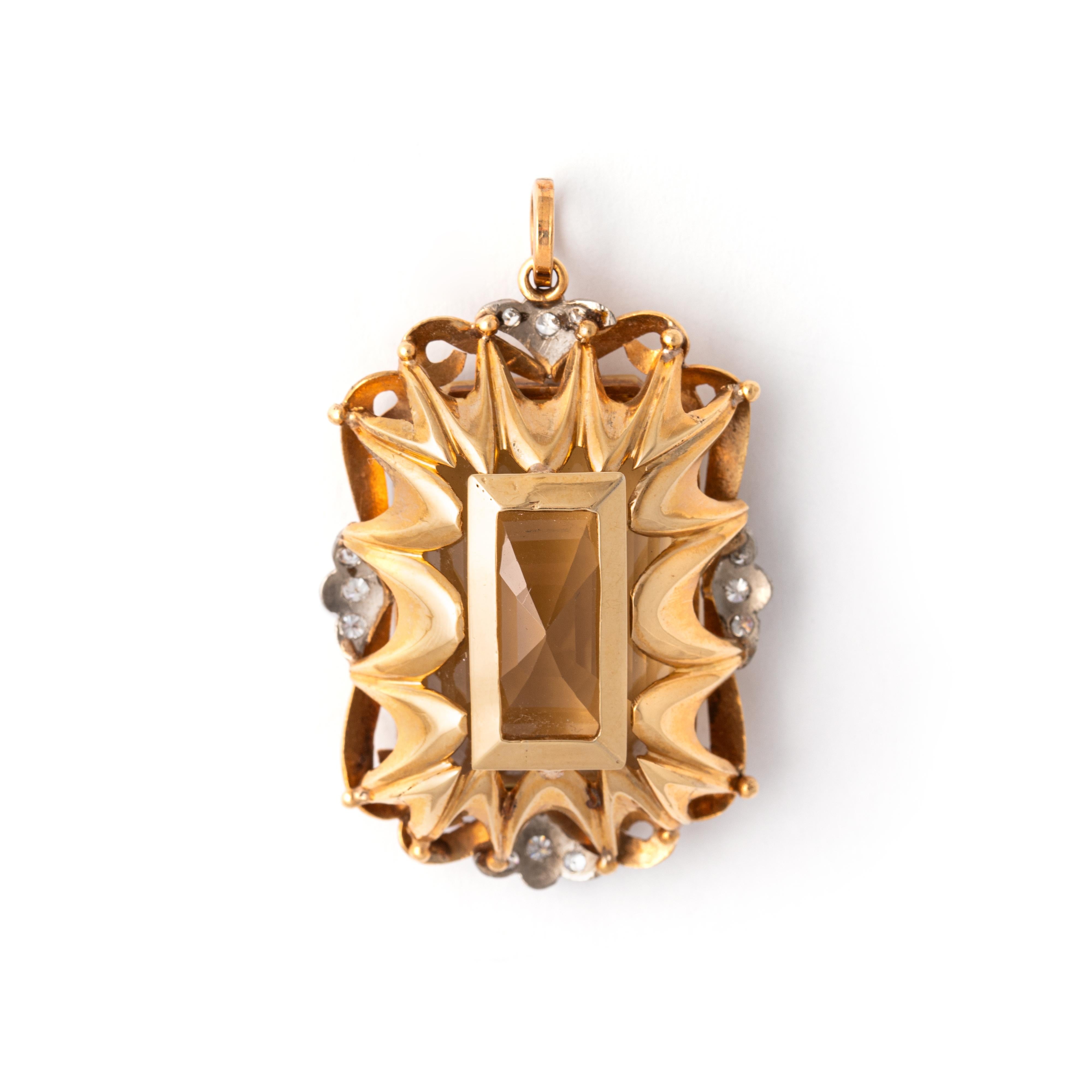 Emerald Cut Citrine Diamond Yellow Gold Pendant  For Sale