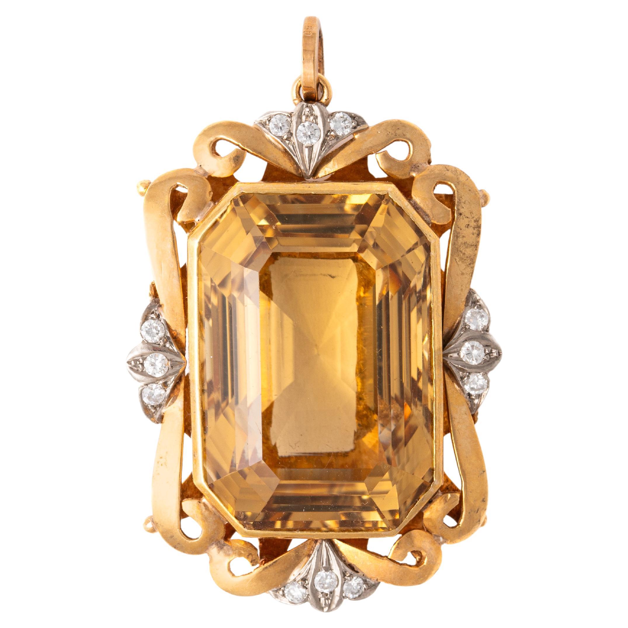 Citrine Diamond Yellow Gold Pendant  For Sale