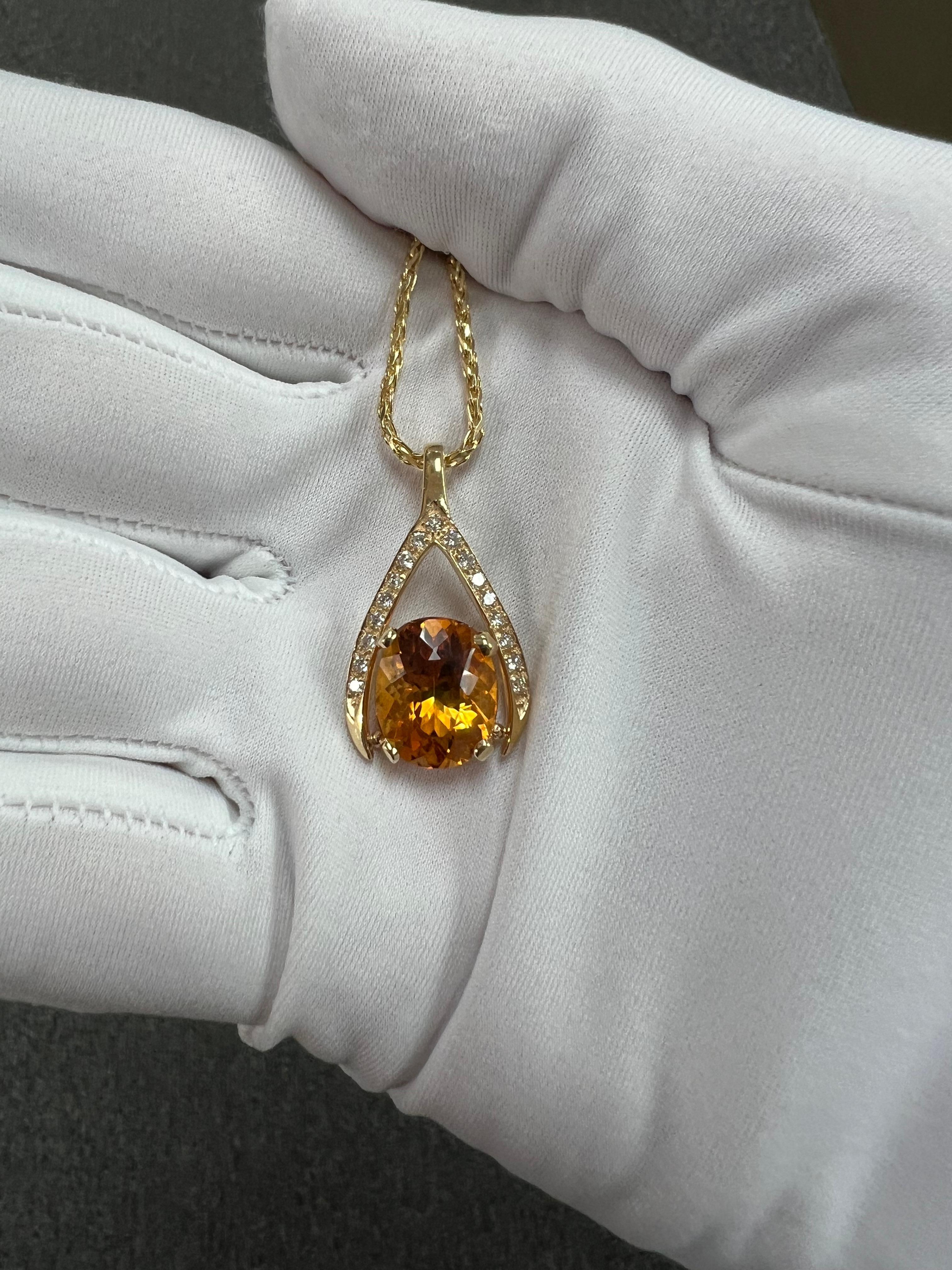 Citrine Diamond Yellow Gold Wishbone Pendant Necklace 8