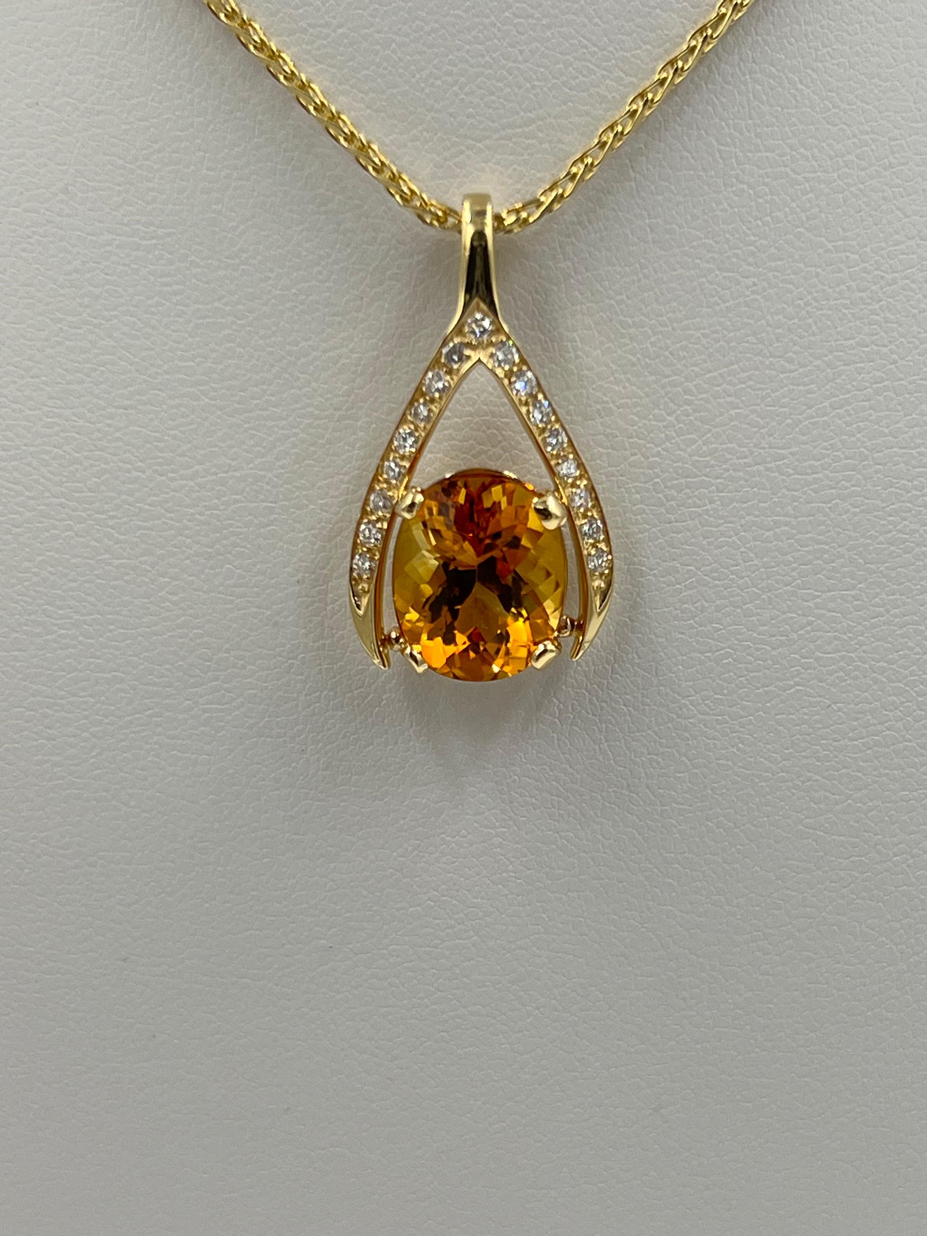 Women's or Men's Citrine Diamond Yellow Gold Wishbone Pendant Necklace