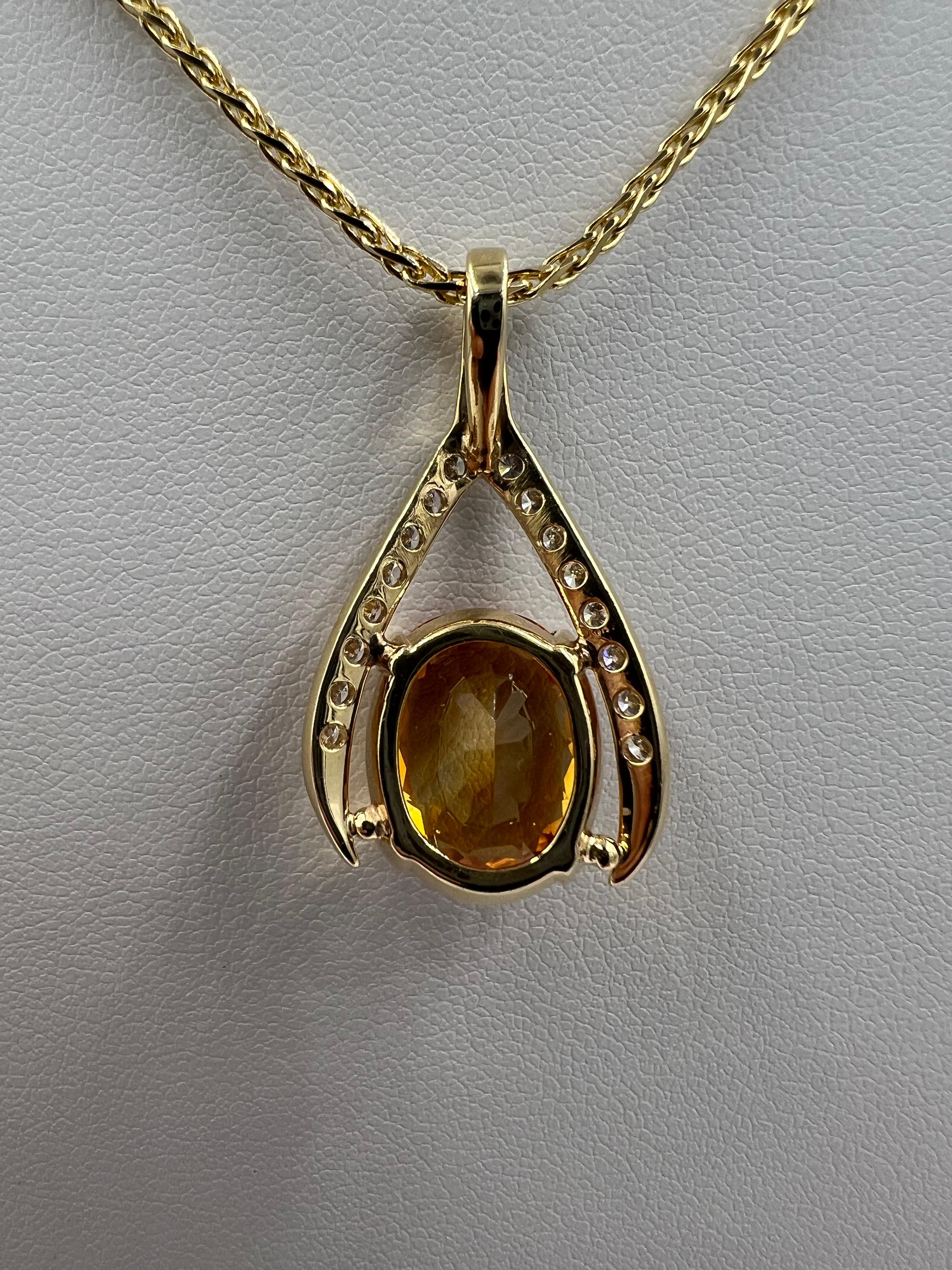 Citrine Diamond Yellow Gold Wishbone Pendant Necklace 3