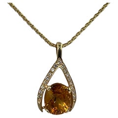Citrine Diamond Yellow Gold Wishbone Pendant Necklace