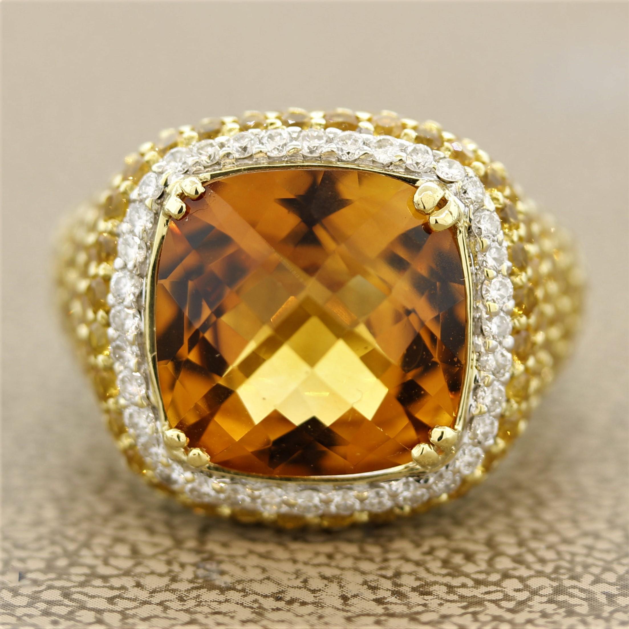 A stylish ring featuring a checker-cut domed citrine weighing 9.30 carats. It has a rich and vibrant golden orange color and is haloed by 0.32 carats of round brilliant cut diamonds. There are 3.12 carats of round cut yellow sapphires which are set