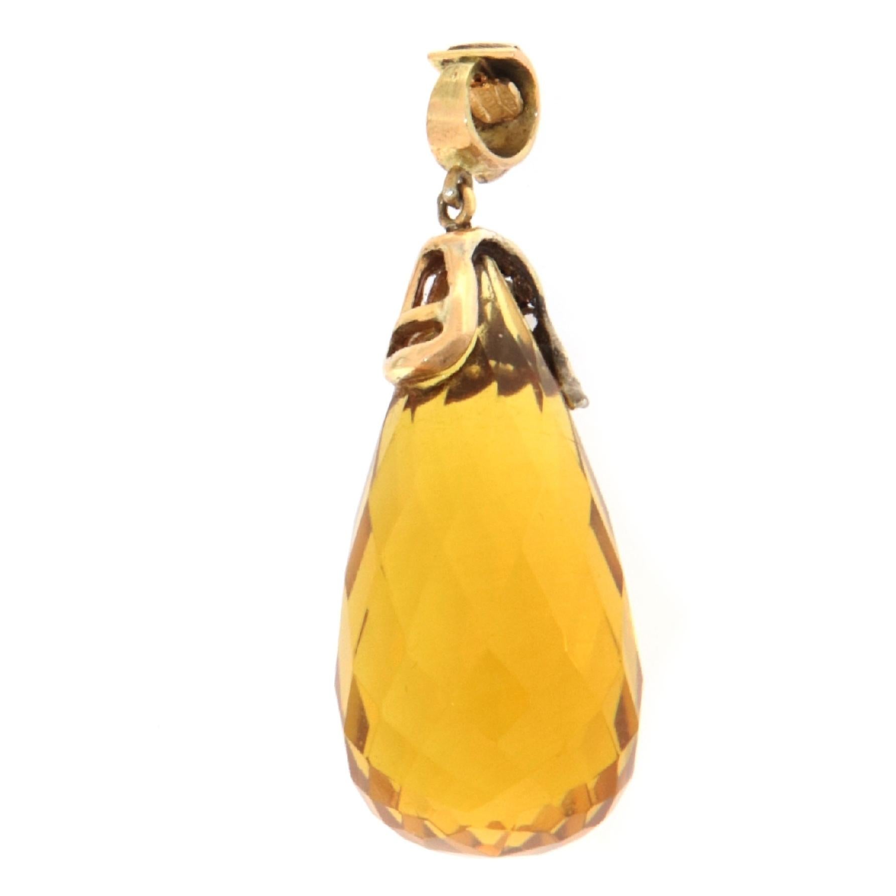 Artisan Citrine Diamonds 14 Karat Yellow Gold Pendant Necklace For Sale