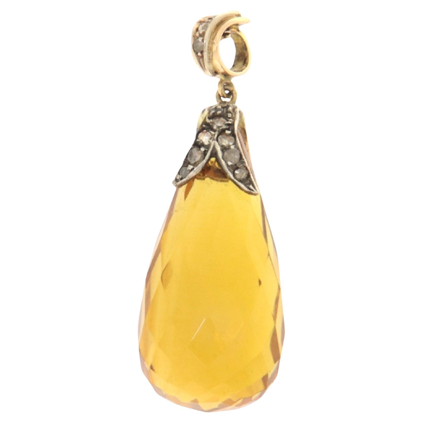 Citrine Diamonds 14 Karat Yellow Gold Pendant Necklace For Sale