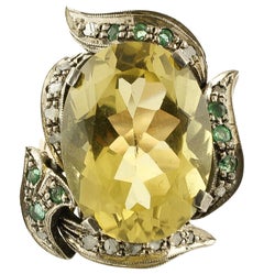 Citrine Diamonds Emeralds Rose Gold and Silver Cocktail Ring