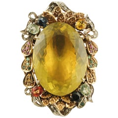 Citrine Diamonds Rubies Sapphires Emeralds Rose Gold and Silver Cocktail Ring Citrine Diamonds Rubies Sapphires Emeralds Rose Gold and Silver Cocktail Ring