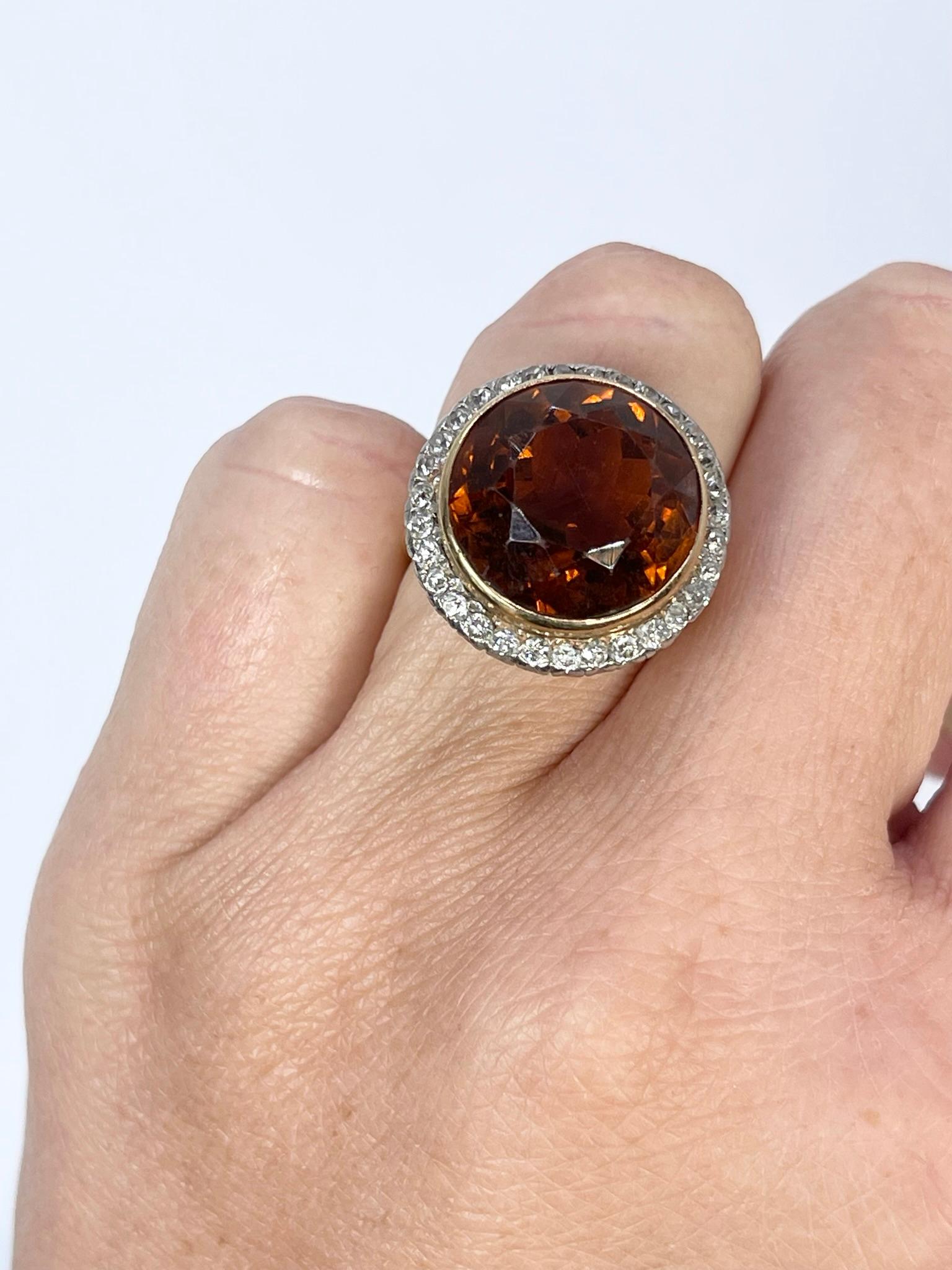 Early Victorian Citrine Diamonid Ring in 14KT Yellow Gold Cocktail Evening Ring For Sale